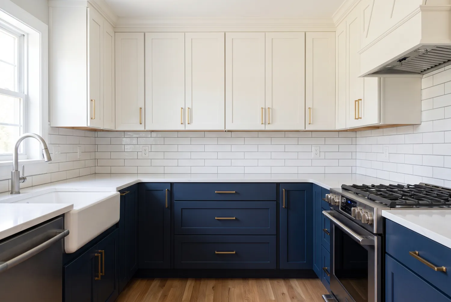 The same kitchen after refinishing, with navy lowers and warm white uppers