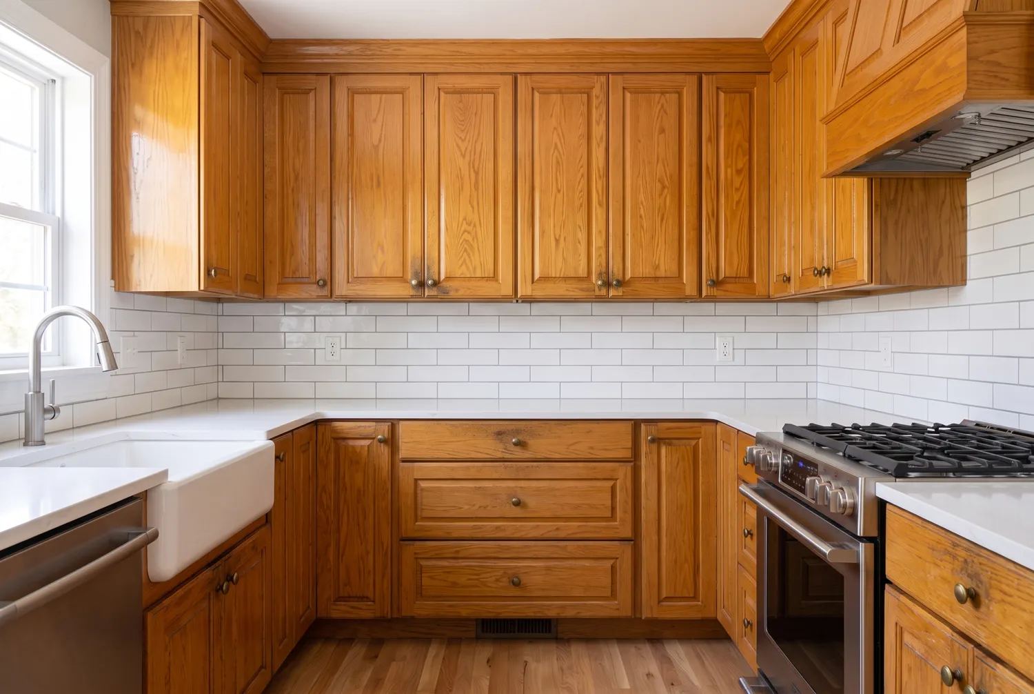 A kitchen before cabinet refinishing, with dated honey oak cabinets